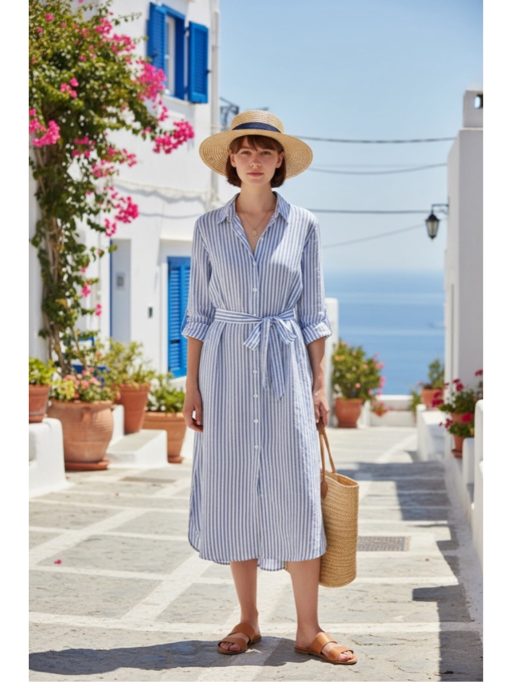 Polo by Ralph Lauren Blue and White Striped Shirt Midi Dress